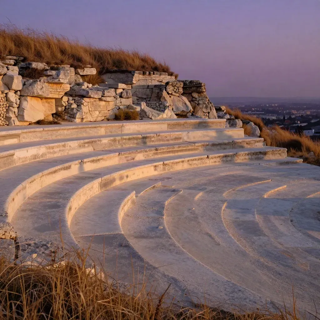 Sunlit limestone overlook with grasses and a hazy city edge at sunset.