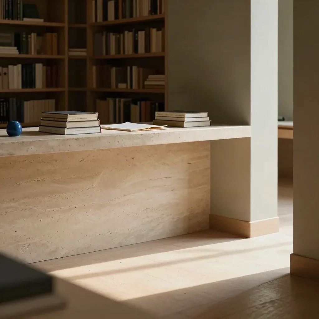 Sunlit timber library nook with stone counter, doorway, and warm shadows.