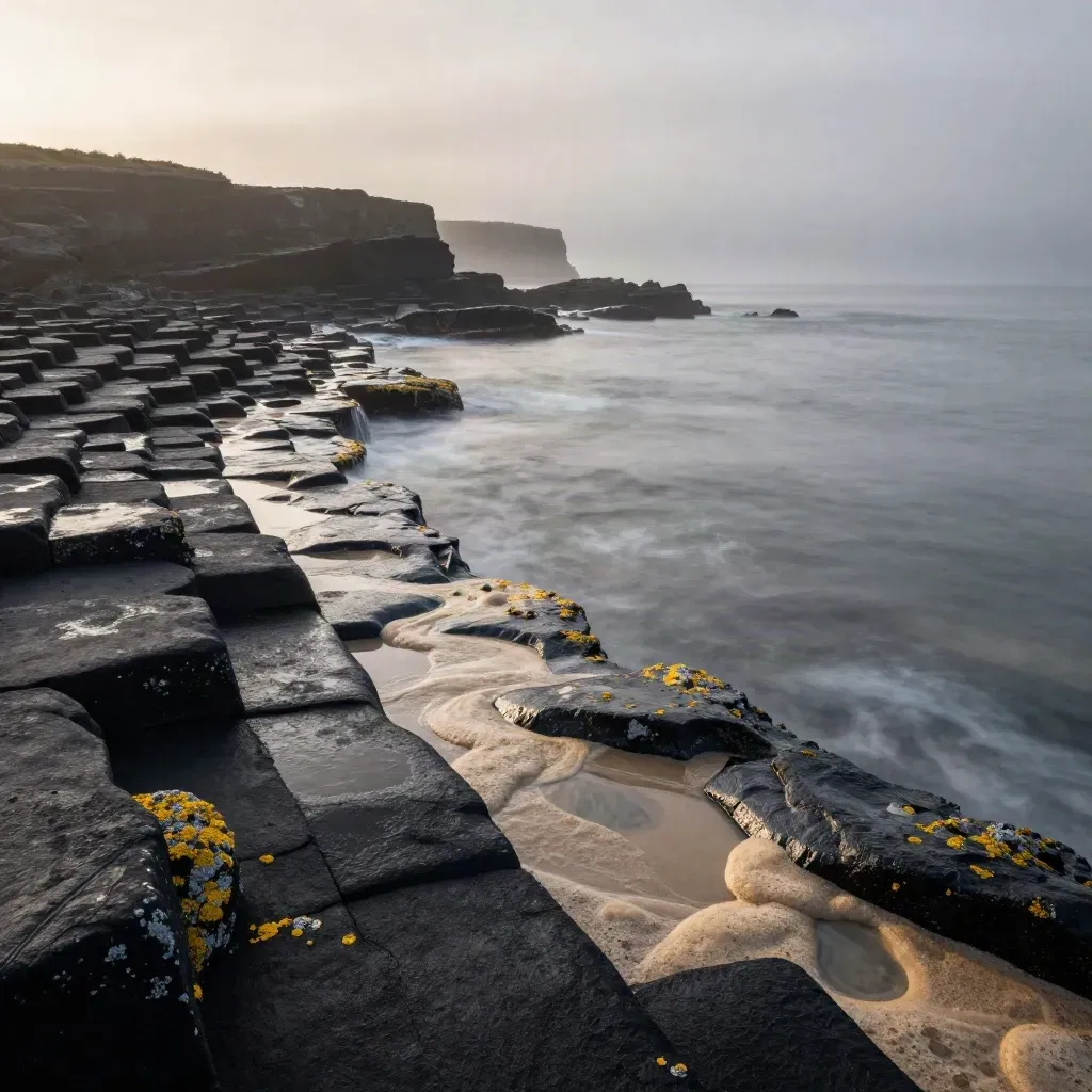 Dawn fog over a basalt coast, pale tide pools and calm misty water under a low cloud bank.