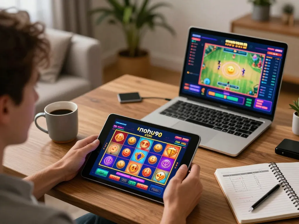 Interactive gaming with nohu90 com app displayed on tablet in a cozy home setting.
