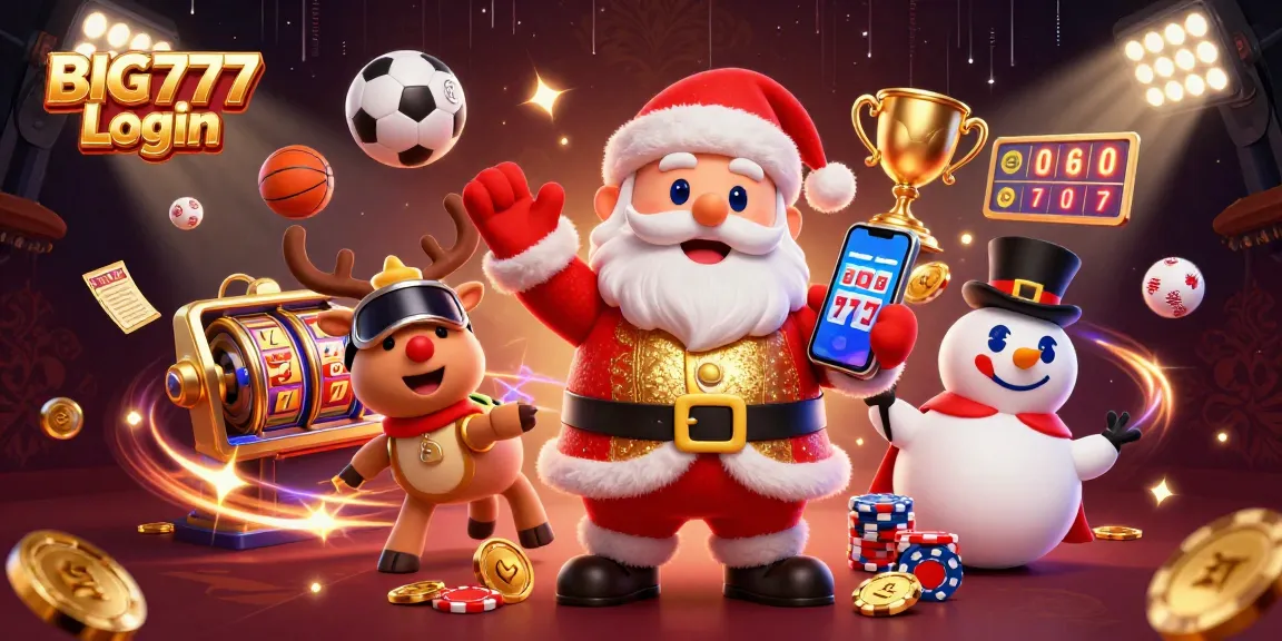 Login BIG777 menampilkan Santa Claus beraksi di kasino dengan elemen slot dan komedi.