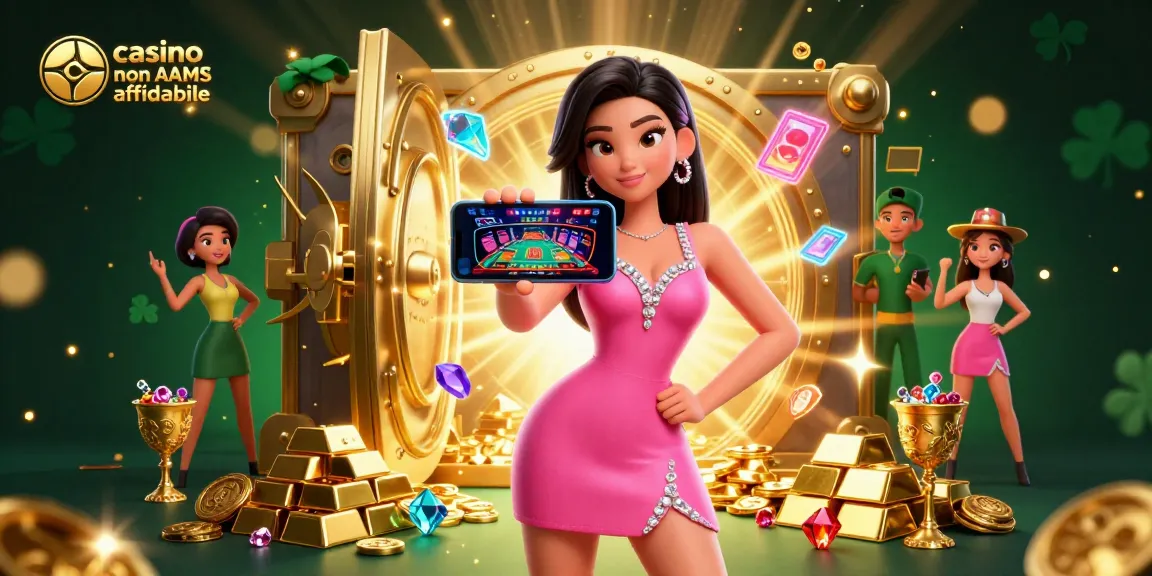 Rappresentazione visiva coinvolgente di casino non AAMS affidabile con una donna che gioca a un gioco con croupier dal vivo, circondata da tesori dorati.