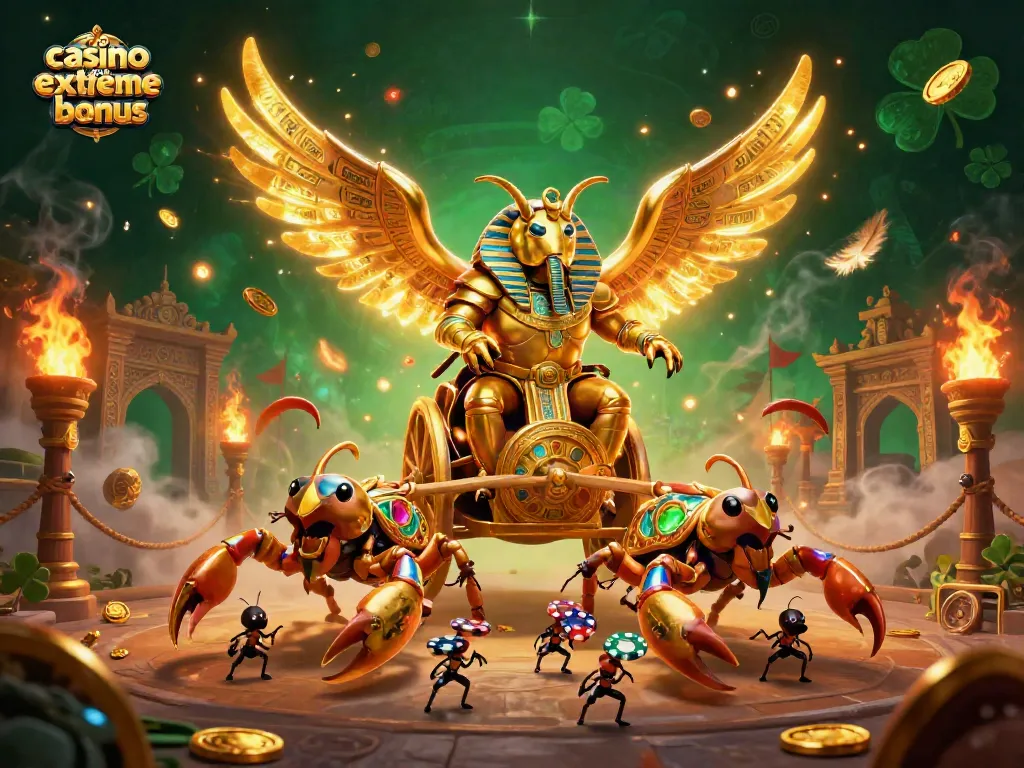 Win big with the casino extreme no deposit bonus featuring a golden scarab beetle and scorpions.