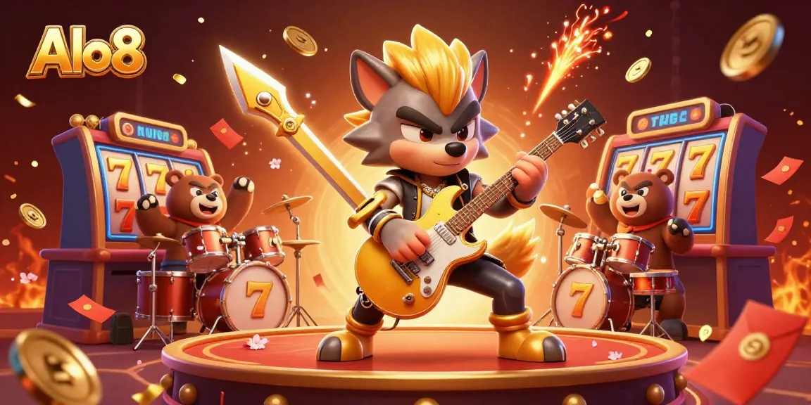Alo8 showcases a vibrant casino scene with a rock star wolf, drummer bear, and dazzling game elements.
