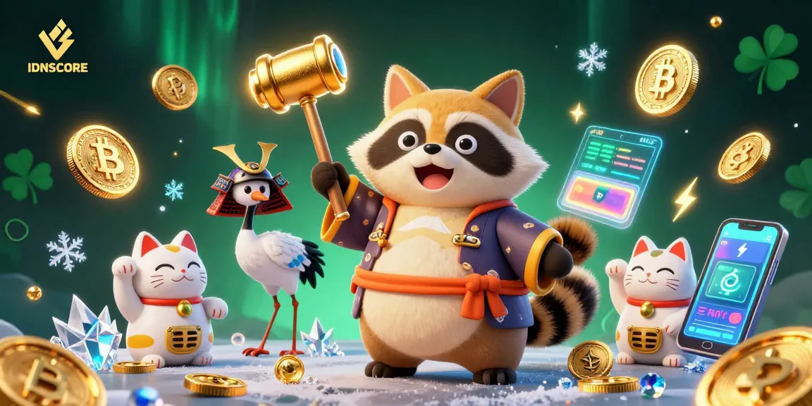 Experience the luck of IDNSCORE in an engaging 3D casino scene filled with fortune cats and crypto elements.