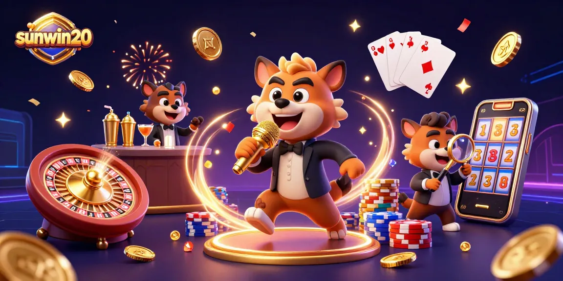 Engage with sunwin20 in a lively casino scene featuring cartoon hyenas and vibrant games.