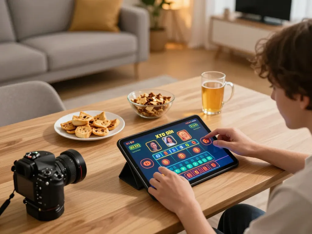 Xóc đĩa gameplay on a tablet in cozy home setting, snacks and drinks on the table.