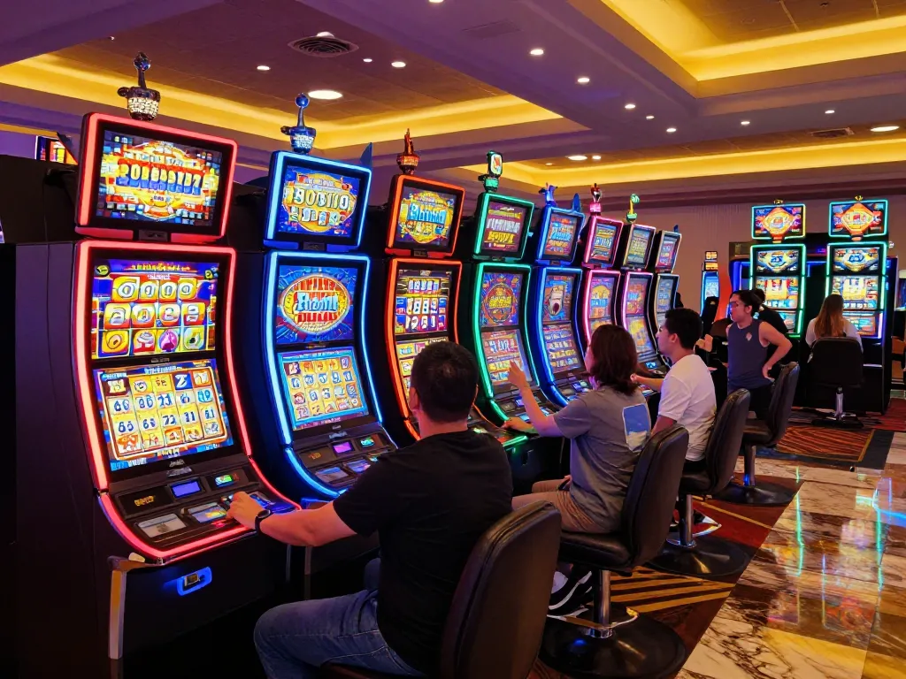 Players enjoying the excitement of slot bet 100 on colorful machines in a lively casino atmosphere