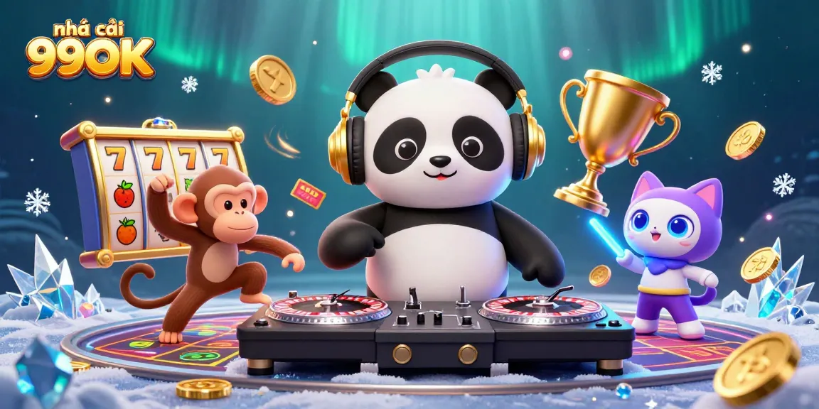 Engage with house 99OK as the DJ panda spins roulette wheels in a vibrant casino illustration.