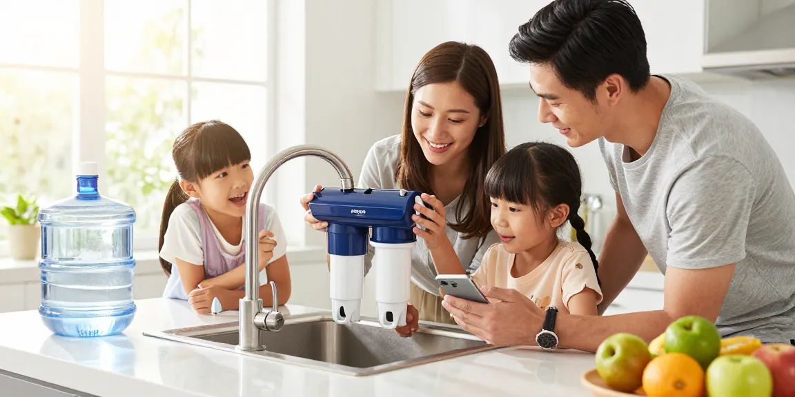 AQUA CREST Multiple-Stage Water Filters installation in a bright kitchen with family involvement, enhancing home water quality.