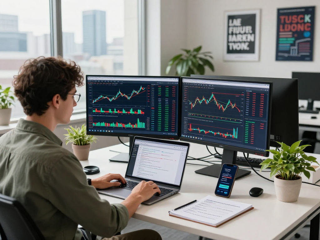 Developer analyzing stock market data with DAX index quote API in a vibrant fintech workspace.
