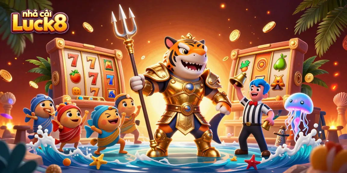 Spin and win with nhà cái Luck8, featuring vibrant slot reels, golden coins, and a lively underwater scene.