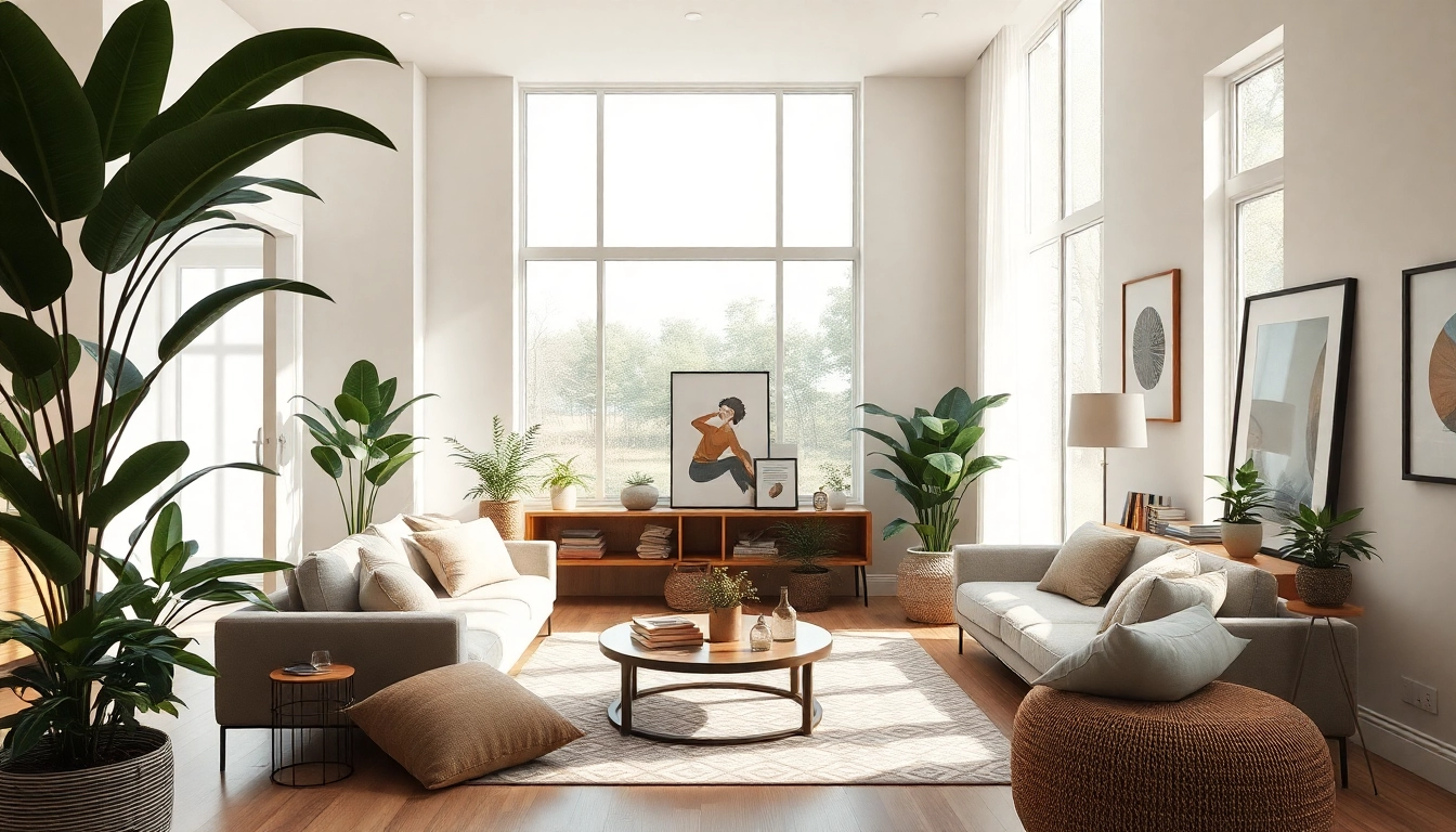 Interiors of a cozy living room representing lubie dom with stylish decor and greenery.