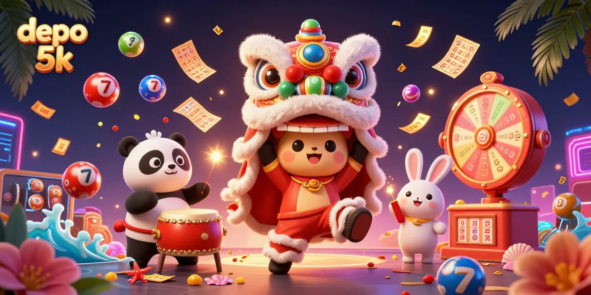 Engage with the dynamic "depo 5k" casino scene featuring lively lion dancers and vibrant lottery elements.
