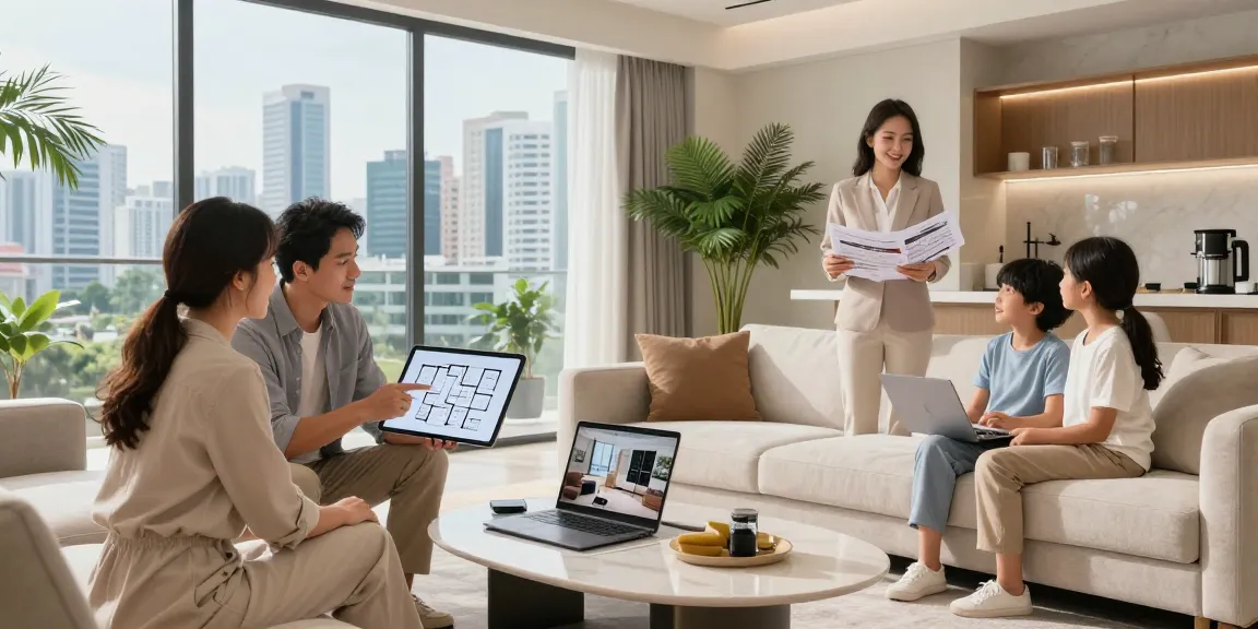 Tanjong Rhu Residences Showflat interior with a couple examining layout plans and a sales representative presenting brochure details.