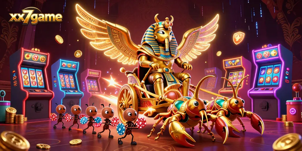 Engage with xx7game's thrilling slots in a vibrant casino scene featuring golden scarabs and arcade games.