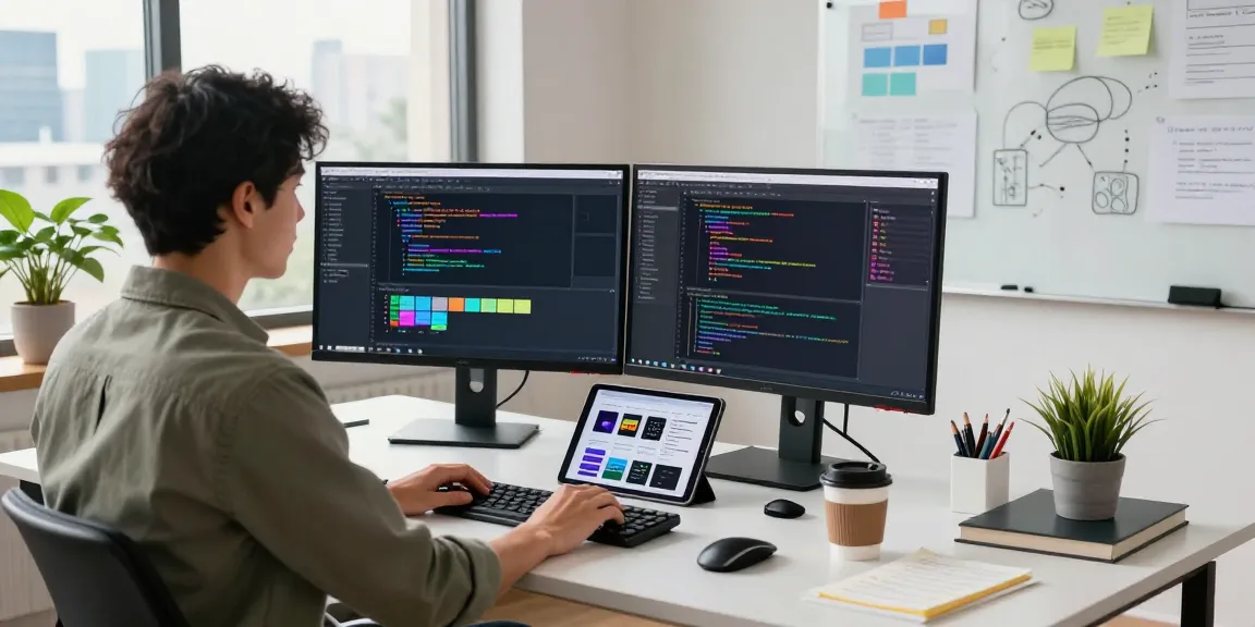 Capture the essence of 截图工具下载 in a modern tech workspace, showcasing a developer engaging with dual monitors, coding, and design tools.