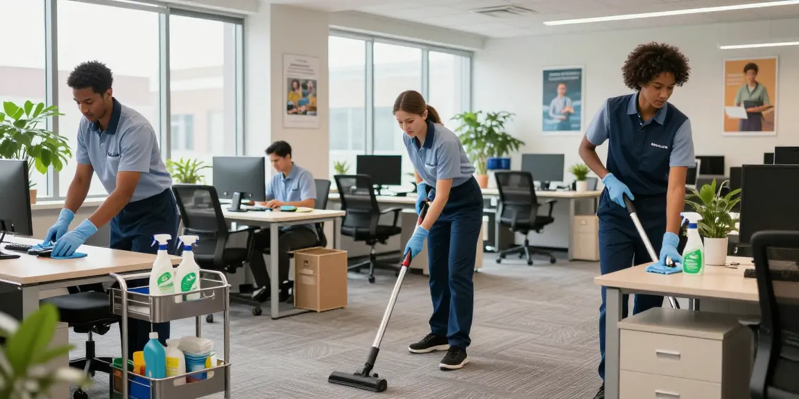 Cleaning professionals in a modern office environment, read more here about effective cleaning solutions.