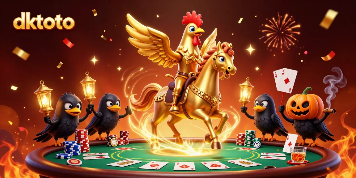 Engage with dktoto as a golden rooster rides through a vibrant casino scene.