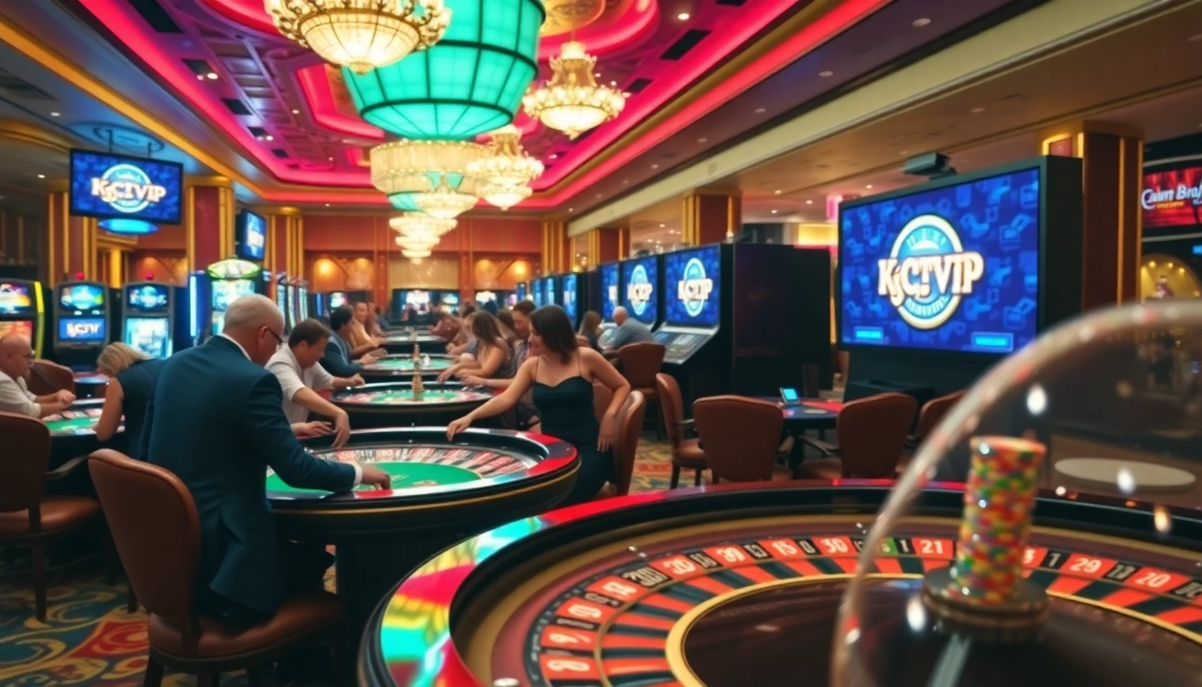 KJCVIP themed players enjoying roulette and poker in a luxurious casino.