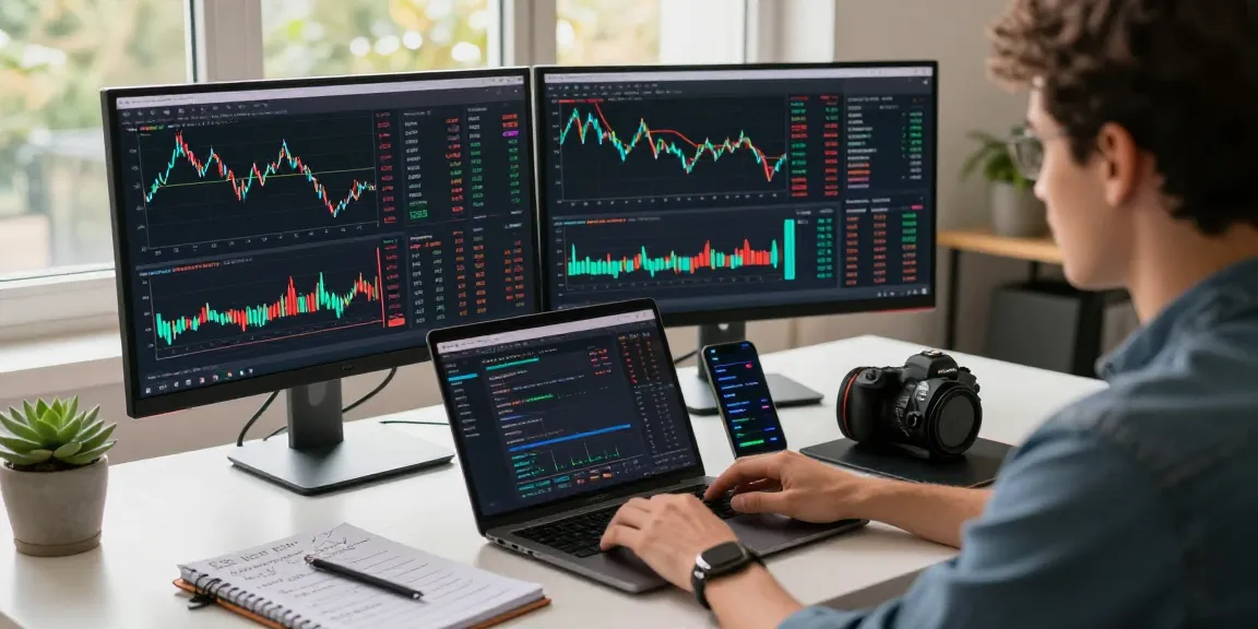 Person analyzing crypto price tracker data on multiple high-resolution screens in a modern workspace