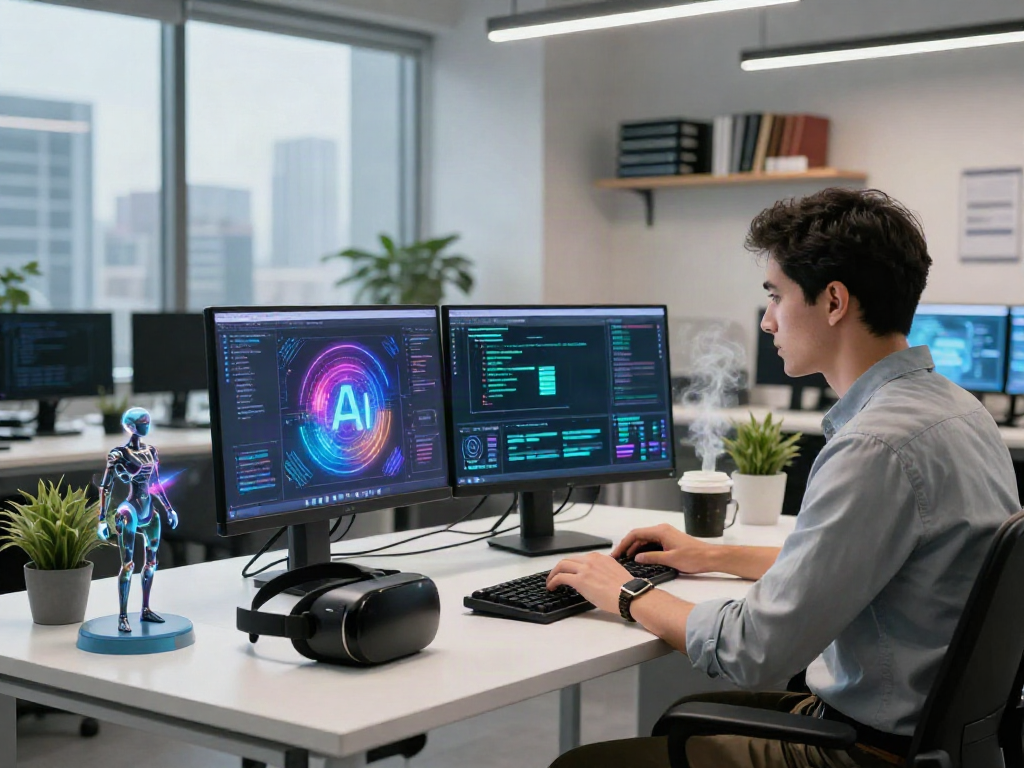 Developer programming a sex bot in a modern office, showcasing AI technology and innovation.