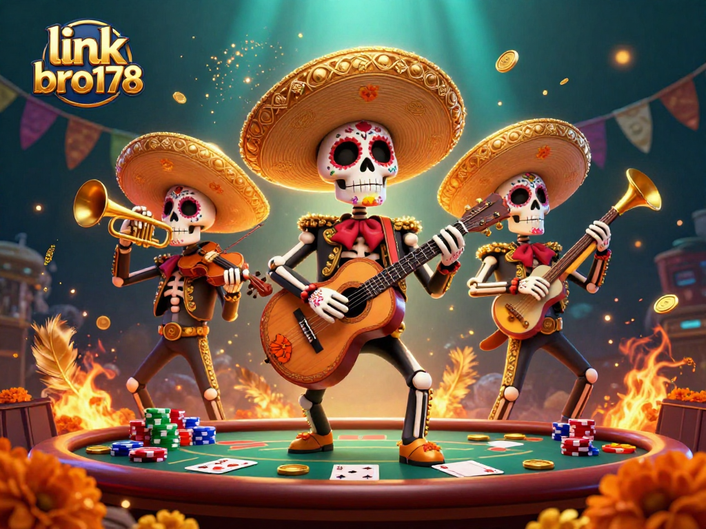 Permainan kartu menarik di poker dengan link bro178, ditampilkan oleh band mariachi yang ramai dalam suasana bercahaya.