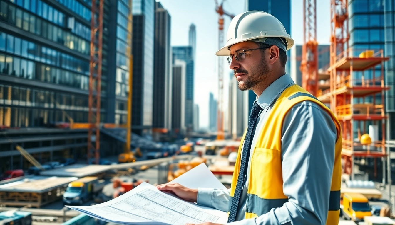 Manhattan Construction Manager directing a busy construction site with blueprints and digital plans.