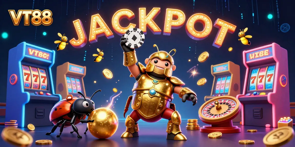 Spin and win with VT88 as a heroic beetle lifts a poker chip amidst exciting gaming elements.