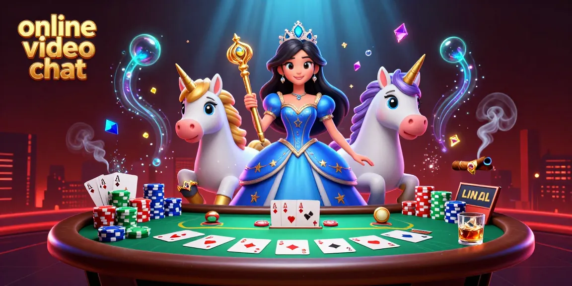 Engage in online video chat with vibrant casino-themed 3D illustration of dynamic characters.