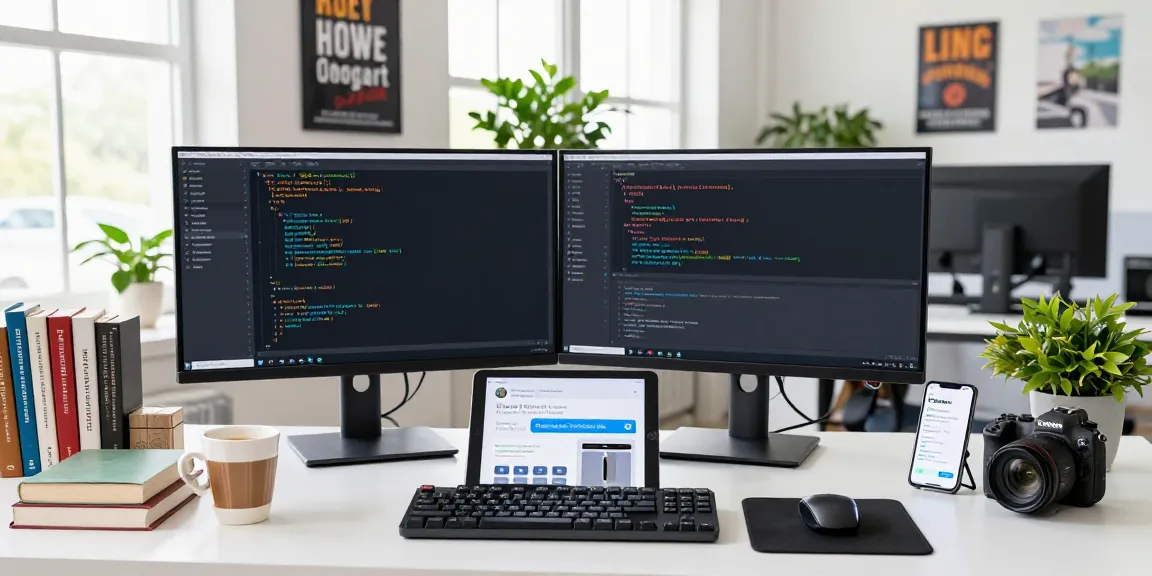 Developer customizing telegram中文 language settings on dual screens in a bright tech workspace