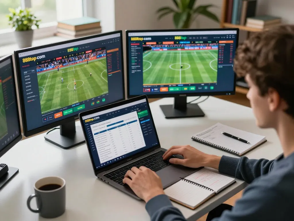 Placing strategic bets on 888top com from a modern home office during an online sports event.