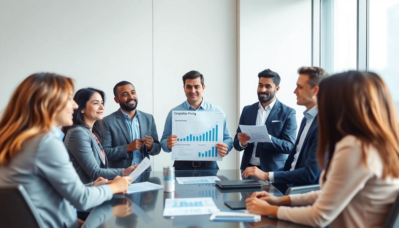 Team collaborates on competitor pricing strategy during a professional meeting.