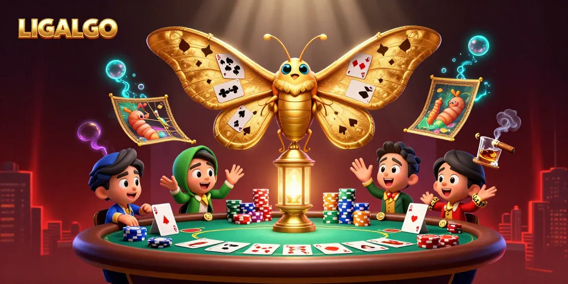 LIGALGO showcases an enchanting casino moth scene with golden games and poker elements.
