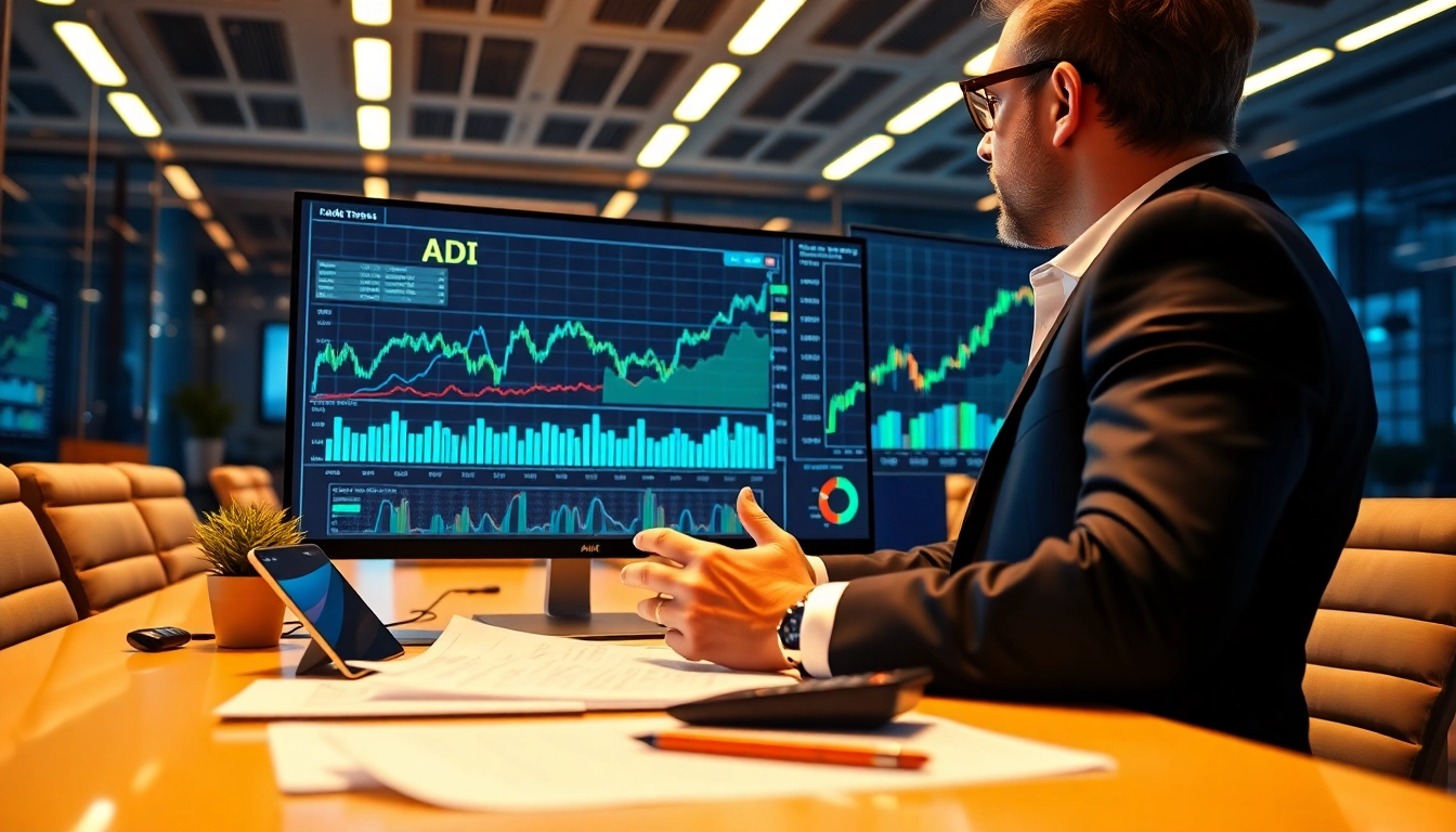 Analyze ADI stock price trends in a modern office setting with vibrant graphs.