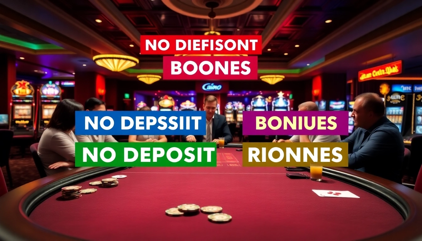 Creative display of no deposit bonuses at a vibrant casino, showcasing an engaging atmosphere.