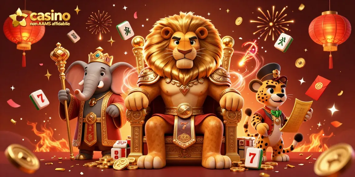 Giocando in un casino non AAMS affidabile con un re leone, un elefante consigliere e un ghepardo messaggero in una scena vibrante.