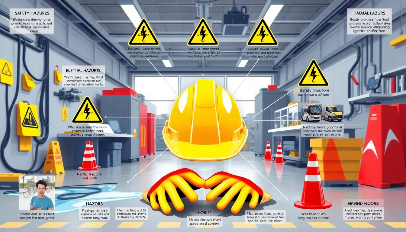Identify key physical hazards with safety symbols in a professional workplace setting.