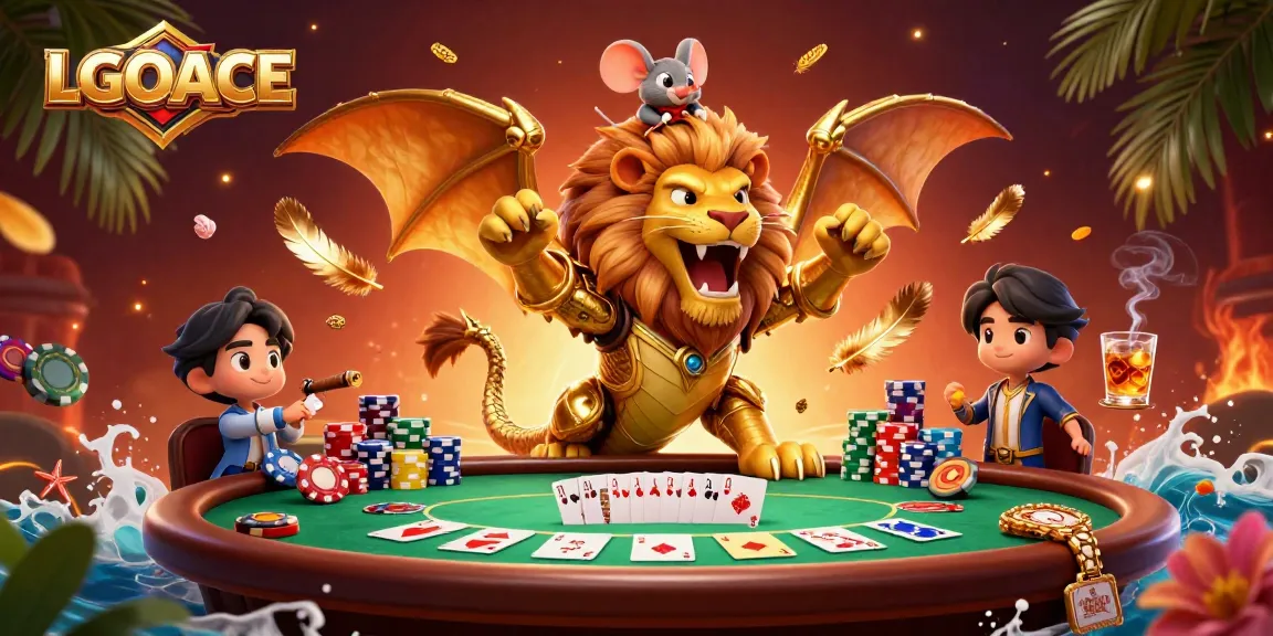 LGOACE’s victorious chimera creature celebrating wins at a dynamic casino poker table.