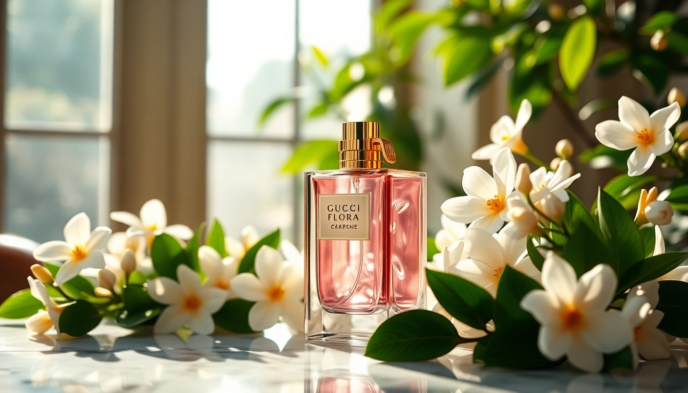 Admire the elegant Gucci Flora perfume bottle surrounded by blooming jasmine, capturing floral luxury.