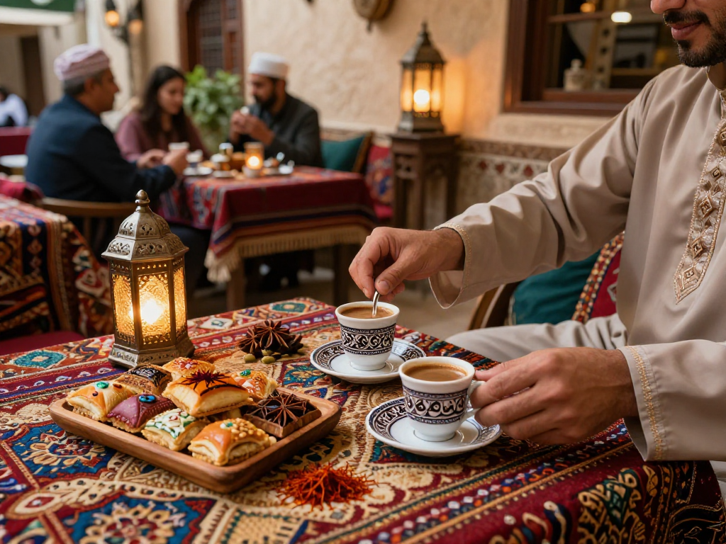 قهوجي يقدم القهوة العربية في مقهى تقليدي مزين بالتوابل والحلويات.