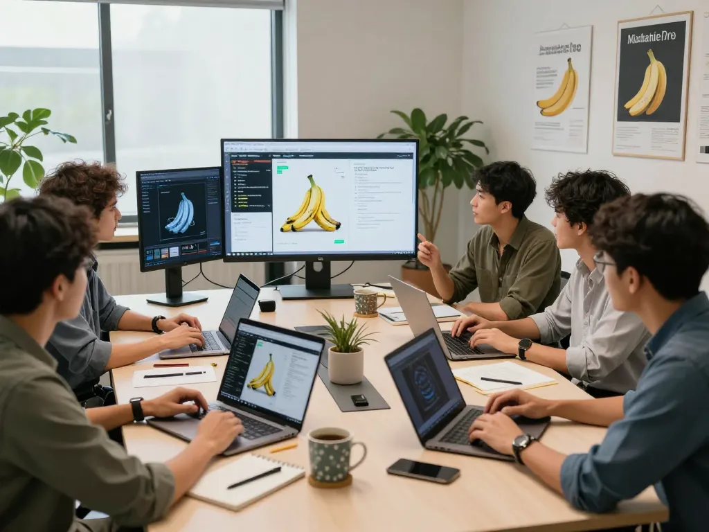 Collaborative tech workspace with creators using nano banana pro for AI-generated images