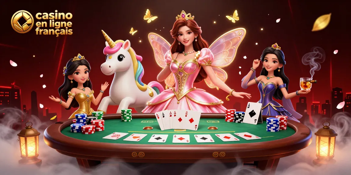 Découvrez l'excitation des casinos en ligne français avec une illustration 3D dynamique mettant en scène le poker et des personnages enchanteurs.