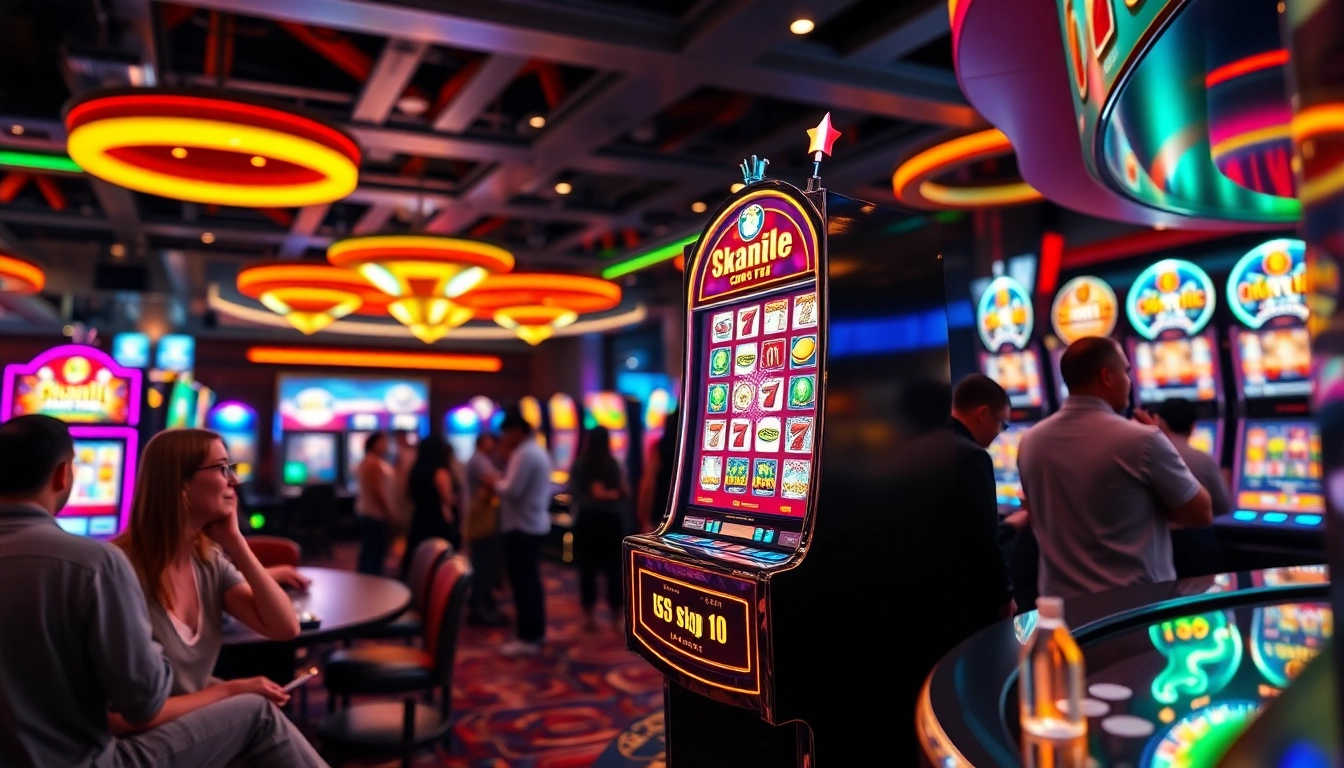 Permainan apk slot di mesin slot yang menyala di kasino yang ramai.