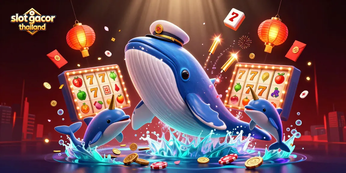 Engaging scene showcasing slot gacor thailand with a whale, narwhal, and dolphins amidst rich casino elements.