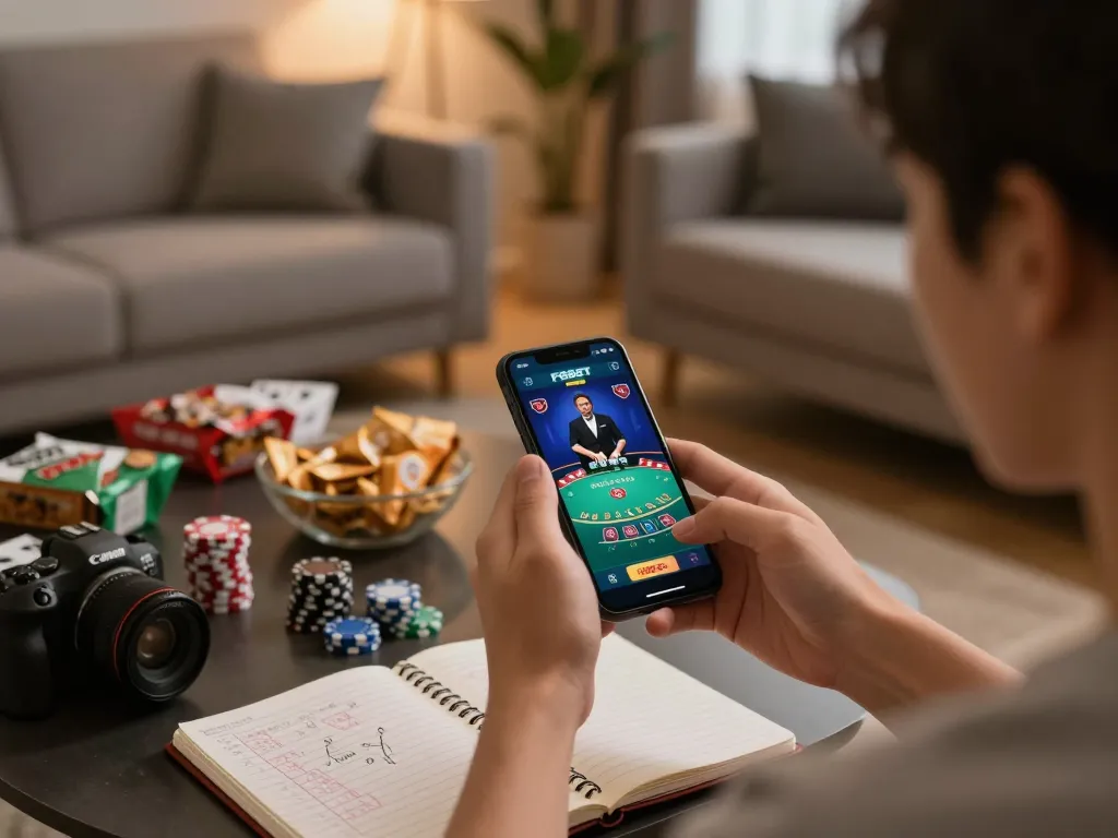 Engaged player using the F8beta2 app for live dealer blackjack from home, showcasing responsible gaming.