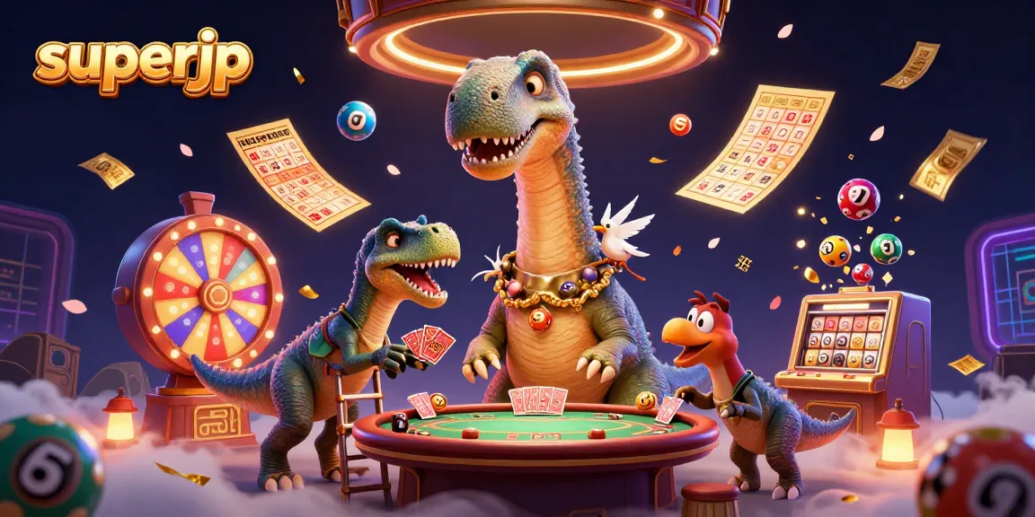 superjp delights in a vibrant casino scene with animated characters, cards, and lottery elements.