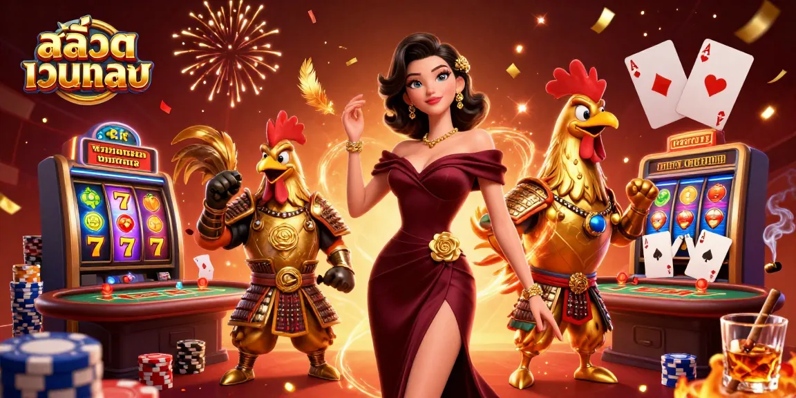 Engage with สล็อตเว็บตรง in a vibrant 3D casino scene featuring glamorous characters and exciting slot themes.