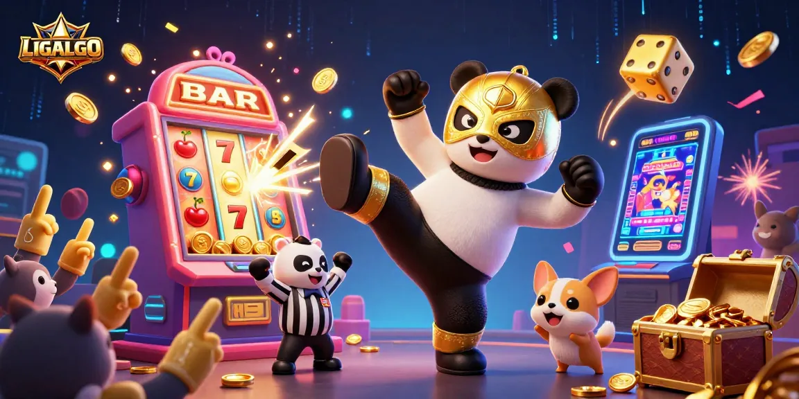 LIGALGO showcases a thrilling scene of a wrestling panda in a vibrant casino atmosphere, engaging players.