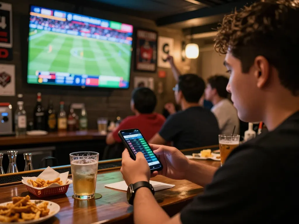Person analyzing kèo nhà cái odds on smartphone while watching live sports event, creating an engaging betting atmosphere.
